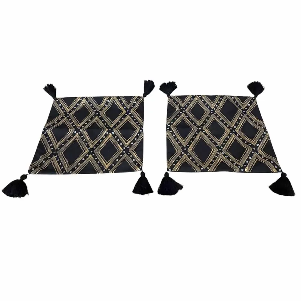 Frontgate Black Gold Geometric Pillow Covers Set 2 Tassel Diamond Regency Boho